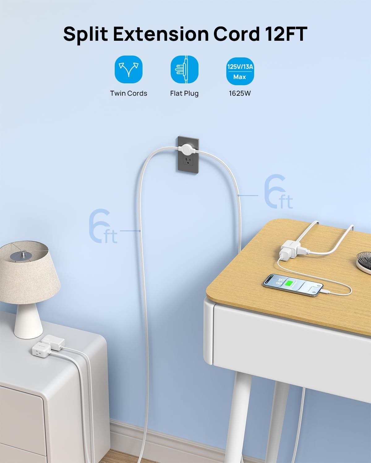 Split-Type Extension Power Strip With Flat Wall Plug