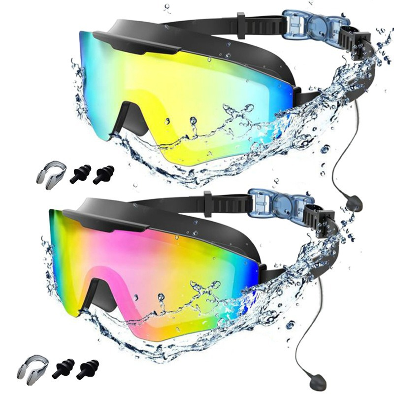2 Pairs of Anti-fog and UV-protective Swimming Goggles with Earplugs and Nose Clips