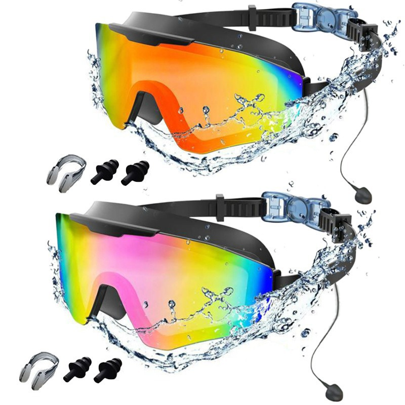 2 Pairs of Anti-fog and UV-protective Swimming Goggles with Earplugs and Nose Clips